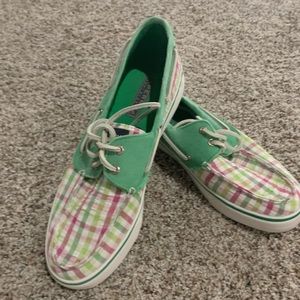 Sperry top sliders canvas plaid shoes
